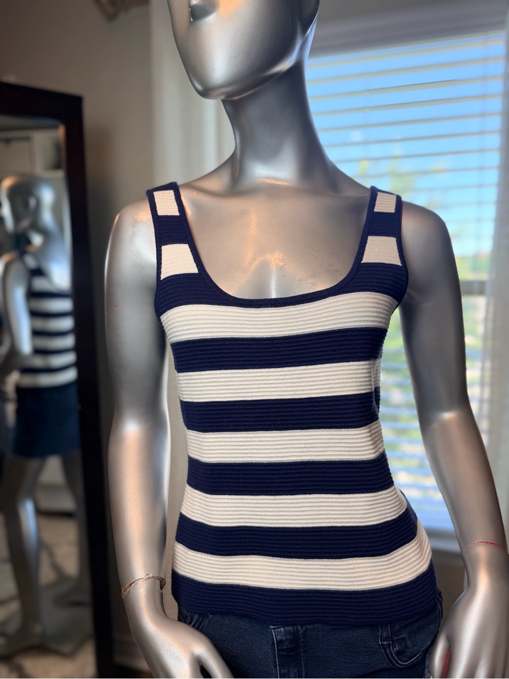 Marled by Reunited Clothing Navy Blue White Striped Knit Tank Top Medium Coastal